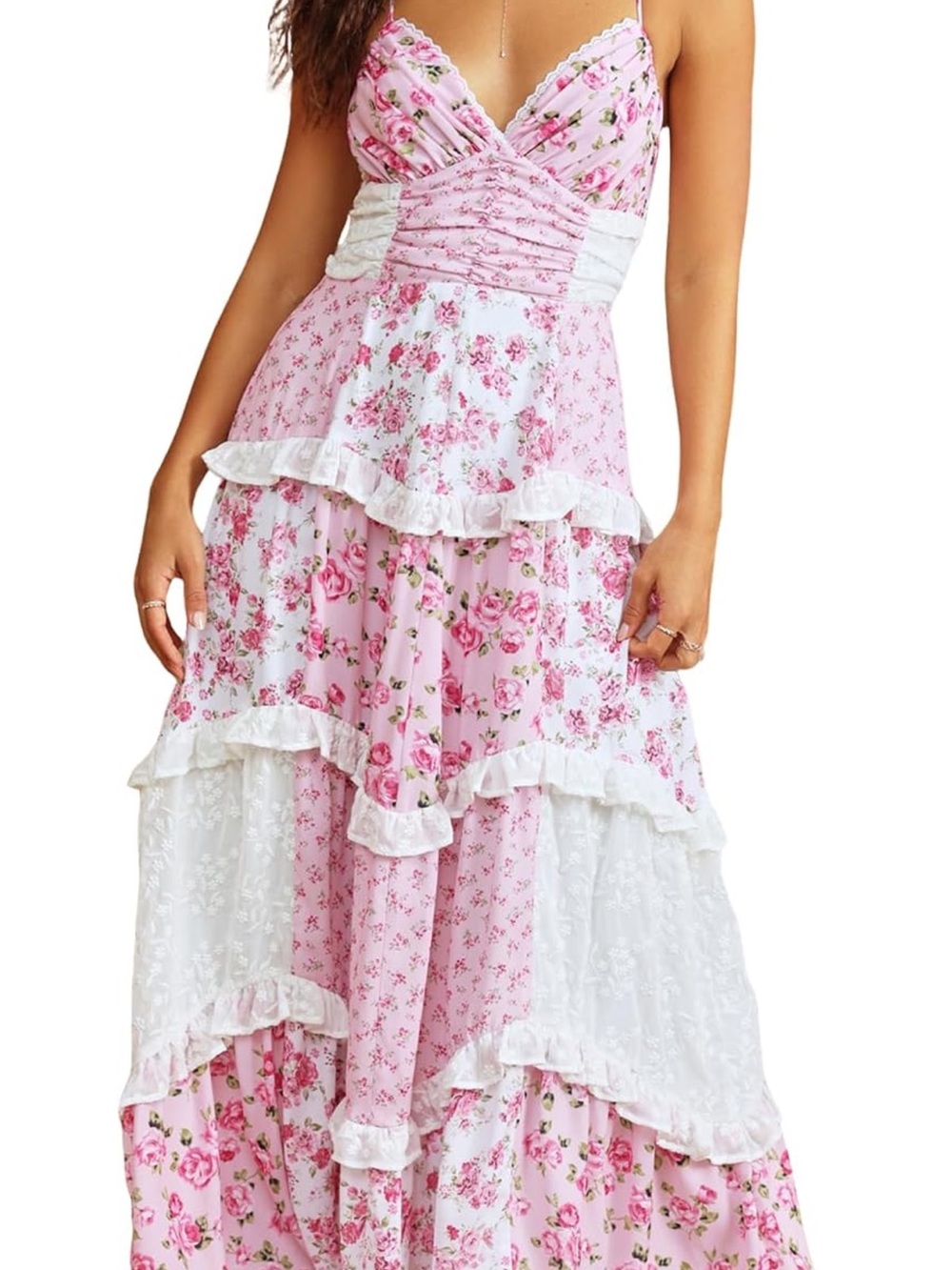 Pink & White Floral Tiered Maxi Dress
